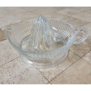 Vintage Mid-Century Clear Ribbed Glass Citrus Juicer Reamer with Handle & Spout